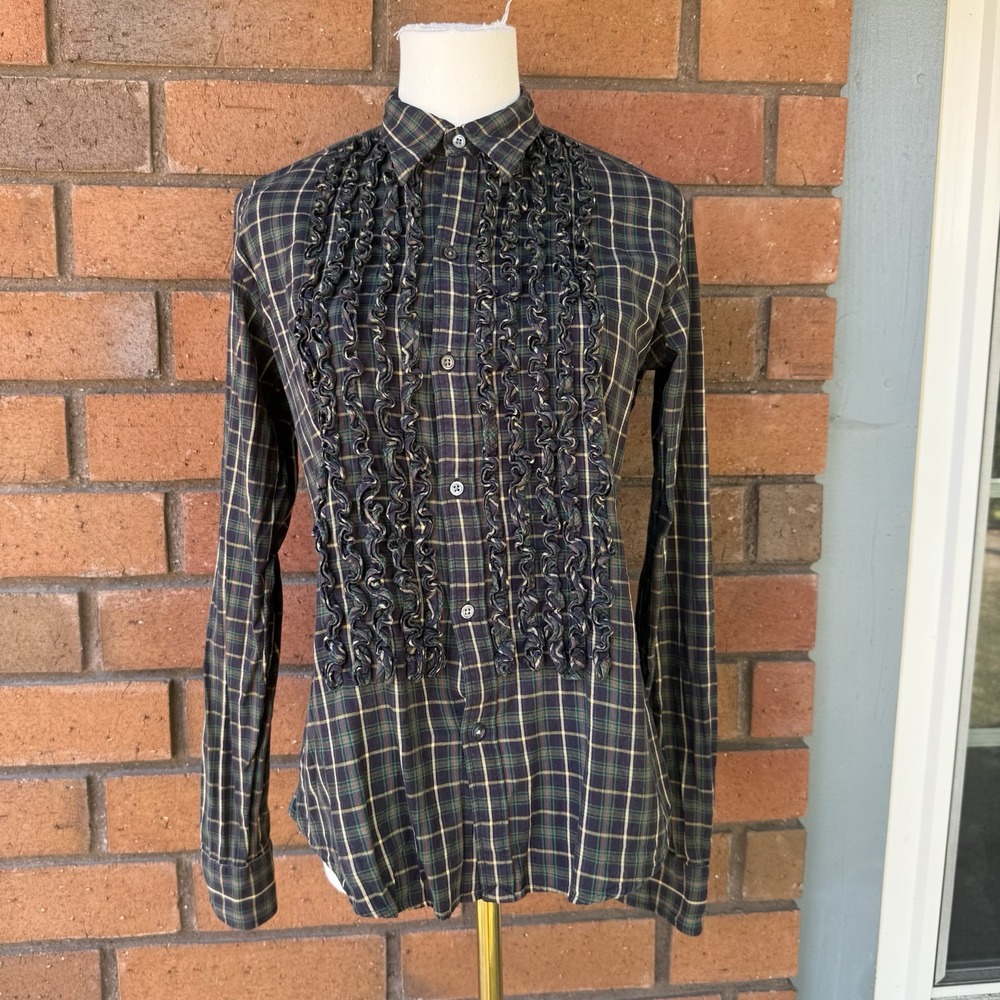 Ralph Lauren Ruffle Blouse Western‎ Plaid Top | Blue Green | Size 10 Runs Small